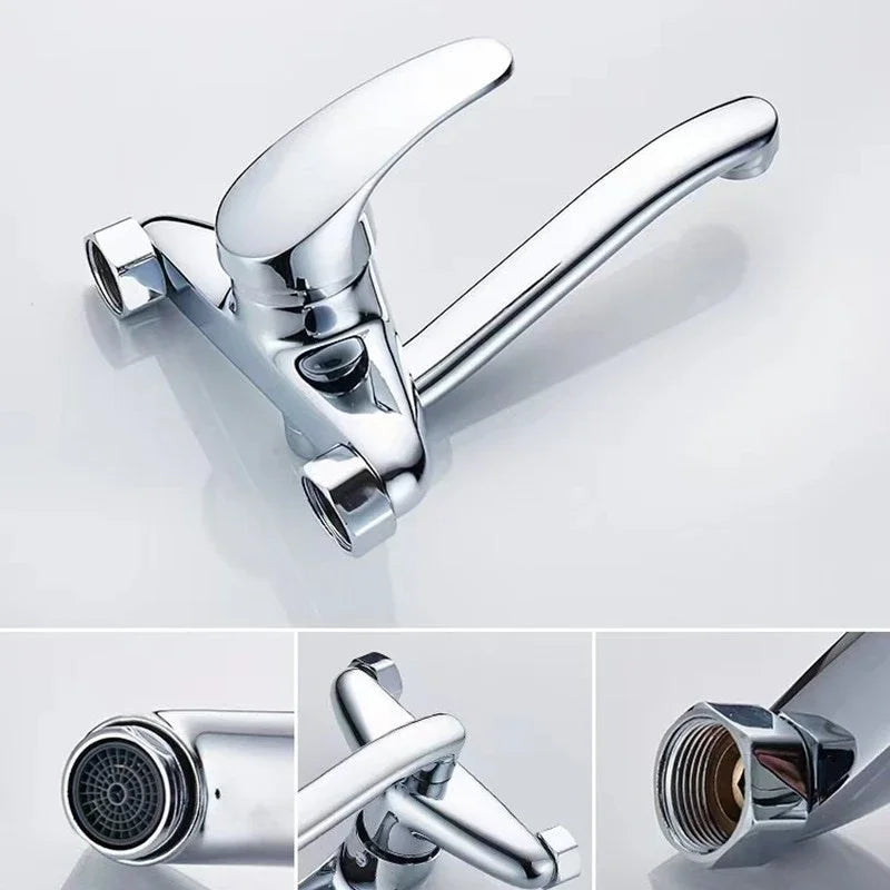 Chrome Taps for Kitchen Sink Basin Faucets Kitchen Tap Dual Hole Wall Mounted Hot Cold Tap Kitchen Mixer Bathroom Faucet