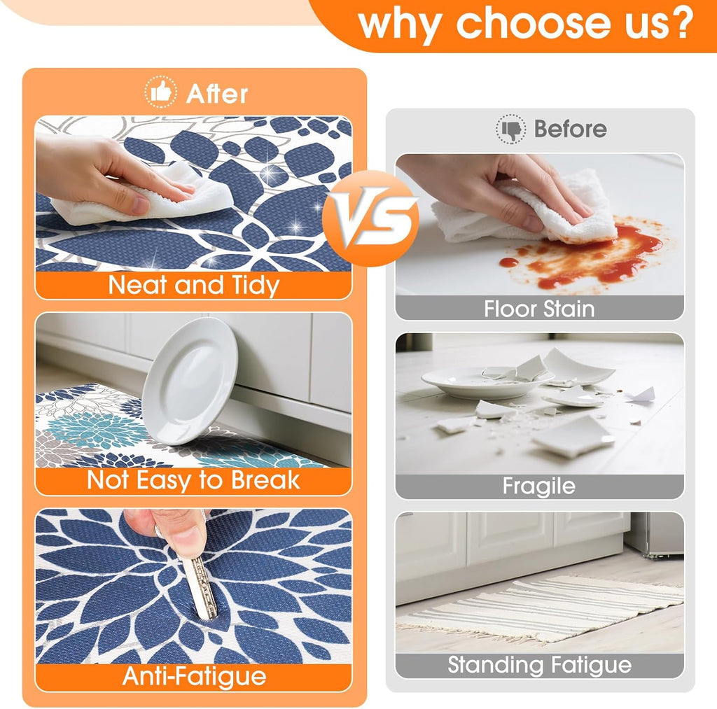 Cushioned Kitchen Floor Mats 2-Piece, White and Blue Floral | Kitchen Mats for Floor, Water-Resistant anti Fatigue Mats for Kitchen Floor with Non-Slip Backing, 17.3 X 30 and 17.3 X 47 In