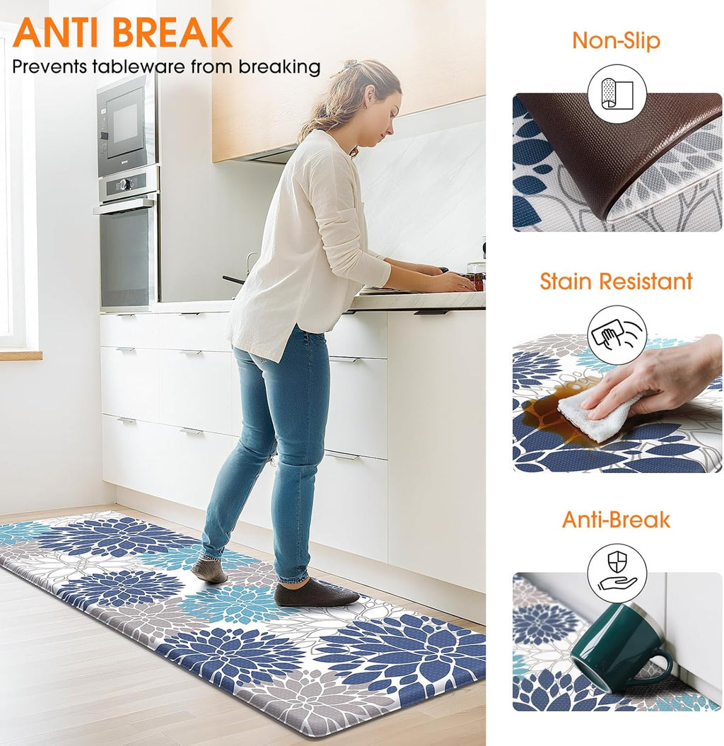 Cushioned Kitchen Floor Mats 2-Piece, White and Blue Floral | Kitchen Mats for Floor, Water-Resistant anti Fatigue Mats for Kitchen Floor with Non-Slip Backing, 17.3 X 30 and 17.3 X 47 In