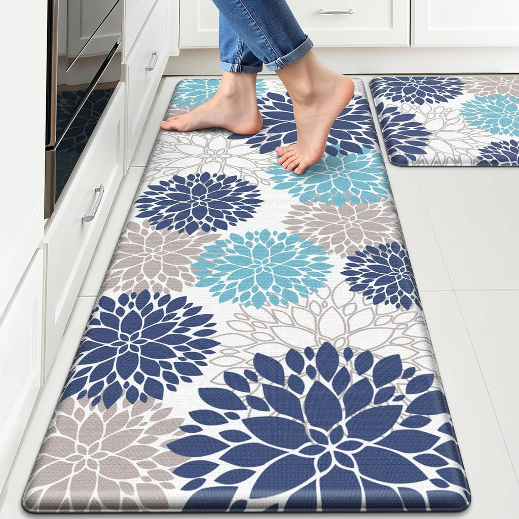 Cushioned Kitchen Floor Mats 2-Piece, White and Blue Floral | Kitchen Mats for Floor, Water-Resistant anti Fatigue Mats for Kitchen Floor with Non-Slip Backing, 17.3 X 30 and 17.3 X 47 In