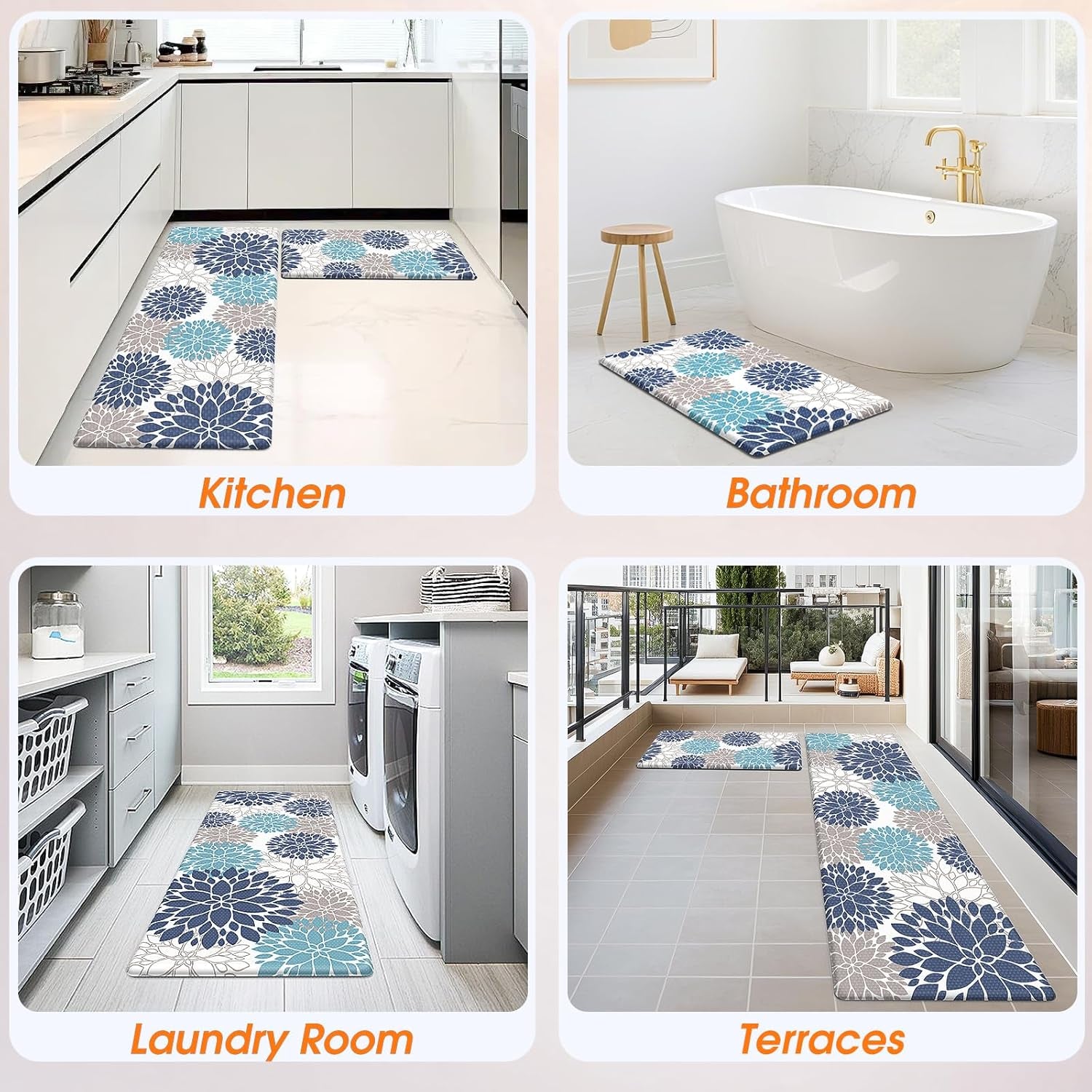 Cushioned Kitchen Floor Mats 2-Piece, White and Blue Floral | Kitchen Mats for Floor, Water-Resistant anti Fatigue Mats for Kitchen Floor with Non-Slip Backing, 17.3 X 30 and 17.3 X 47 In