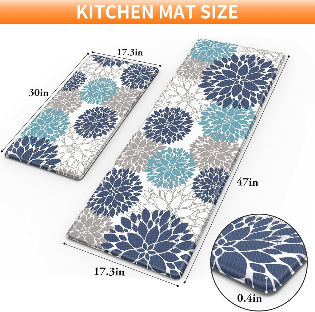 Cushioned Kitchen Floor Mats 2-Piece, White and Blue Floral | Kitchen Mats for Floor, Water-Resistant anti Fatigue Mats for Kitchen Floor with Non-Slip Backing, 17.3 X 30 and 17.3 X 47 In