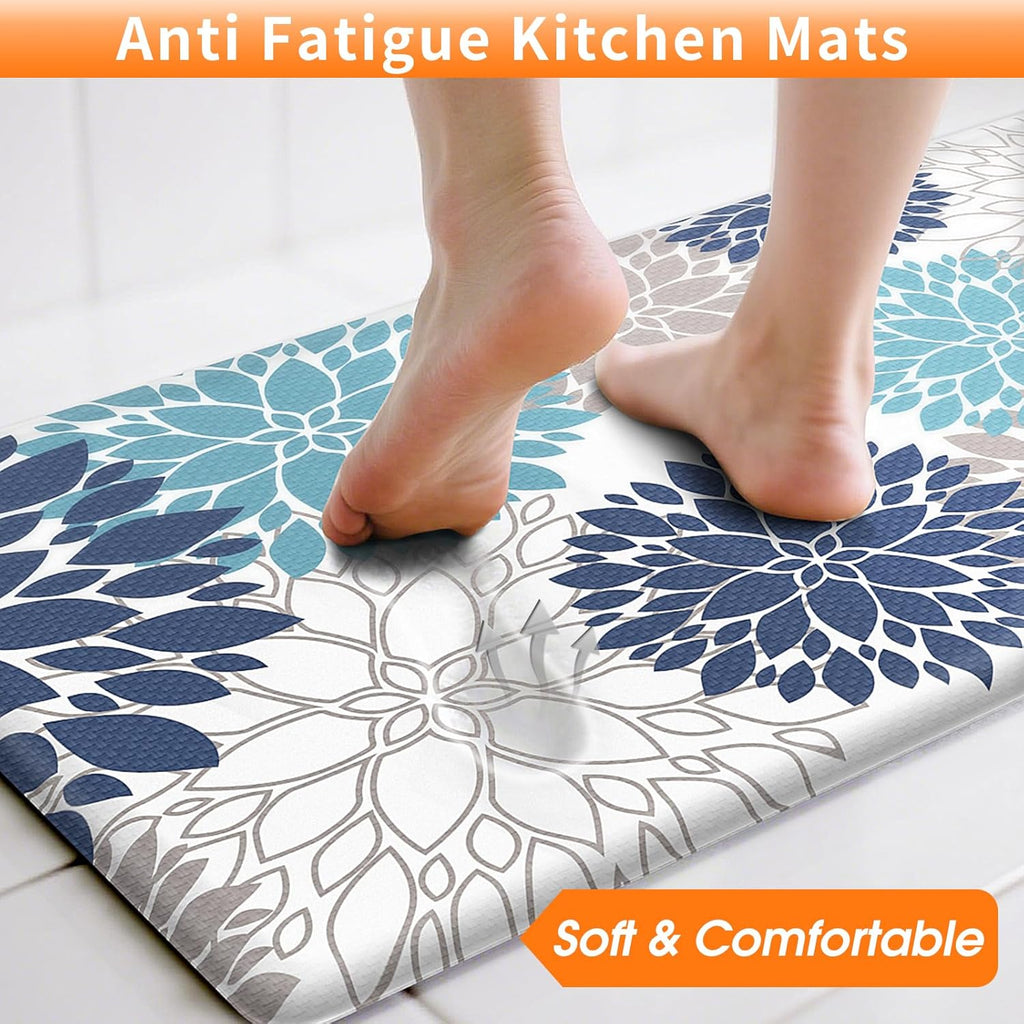 Cushioned Kitchen Floor Mats 2-Piece, White and Blue Floral | Kitchen Mats for Floor, Water-Resistant anti Fatigue Mats for Kitchen Floor with Non-Slip Backing, 17.3 X 30 and 17.3 X 47 In