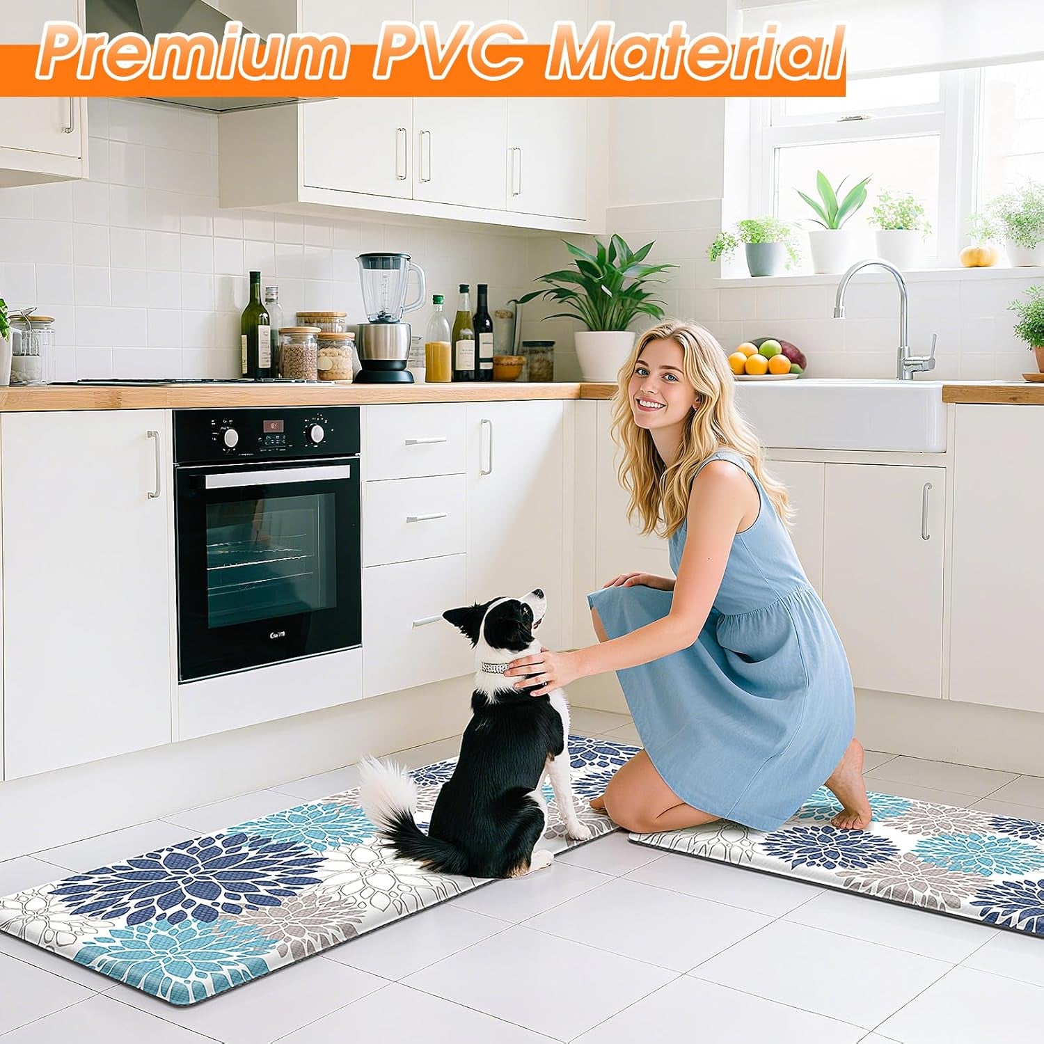 Cushioned Kitchen Floor Mats 2-Piece, White and Blue Floral | Kitchen Mats for Floor, Water-Resistant anti Fatigue Mats for Kitchen Floor with Non-Slip Backing, 17.3 X 30 and 17.3 X 47 In